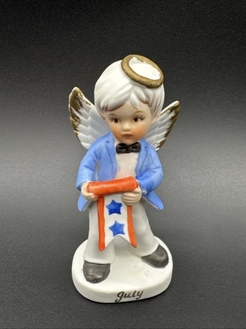 VTG Brinn's Fourth Of July Boy Birthday Angel Bisque Figurine Patriotic READ